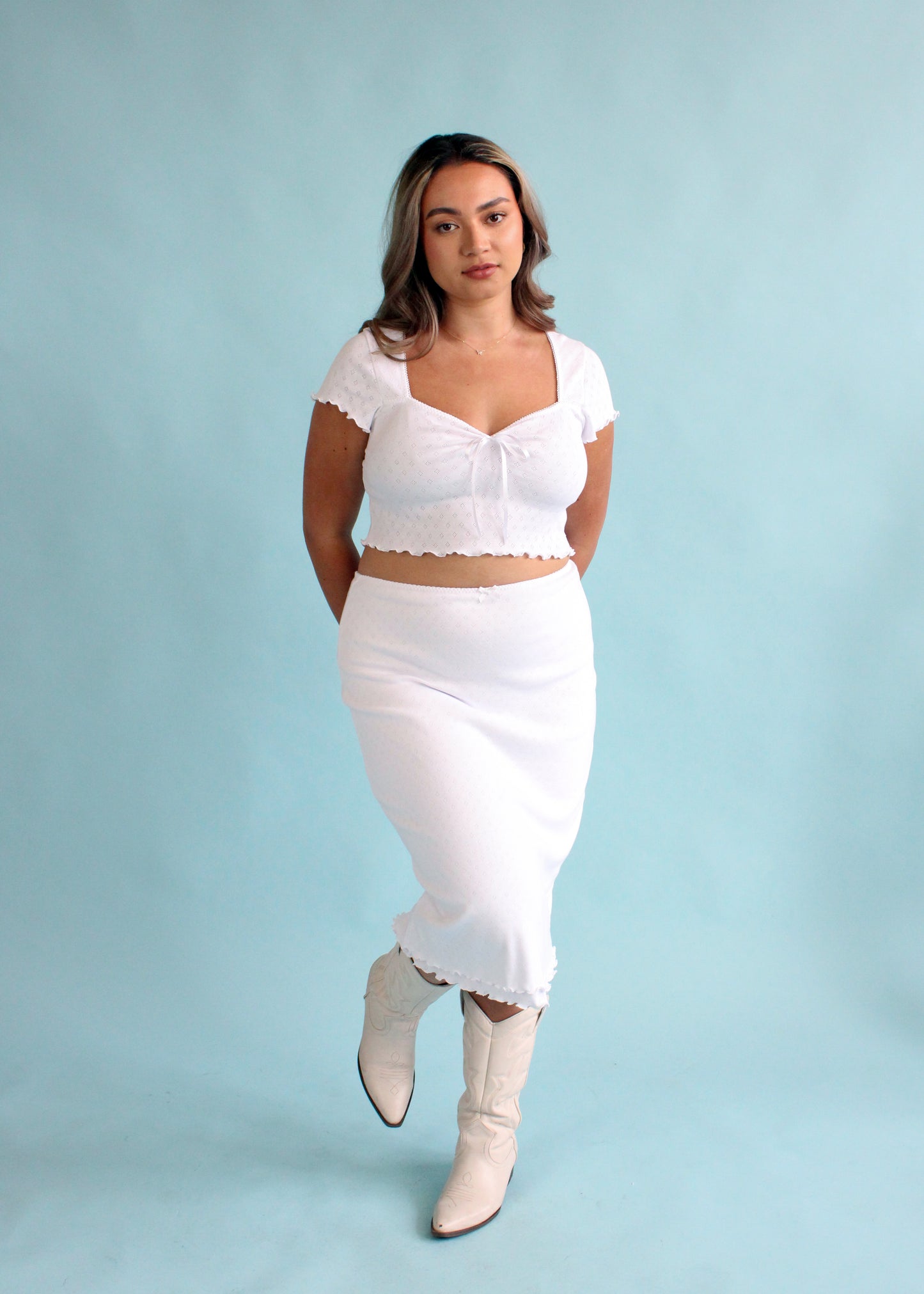 Cecilia Double Layer Midi Skirt - White Pointelle