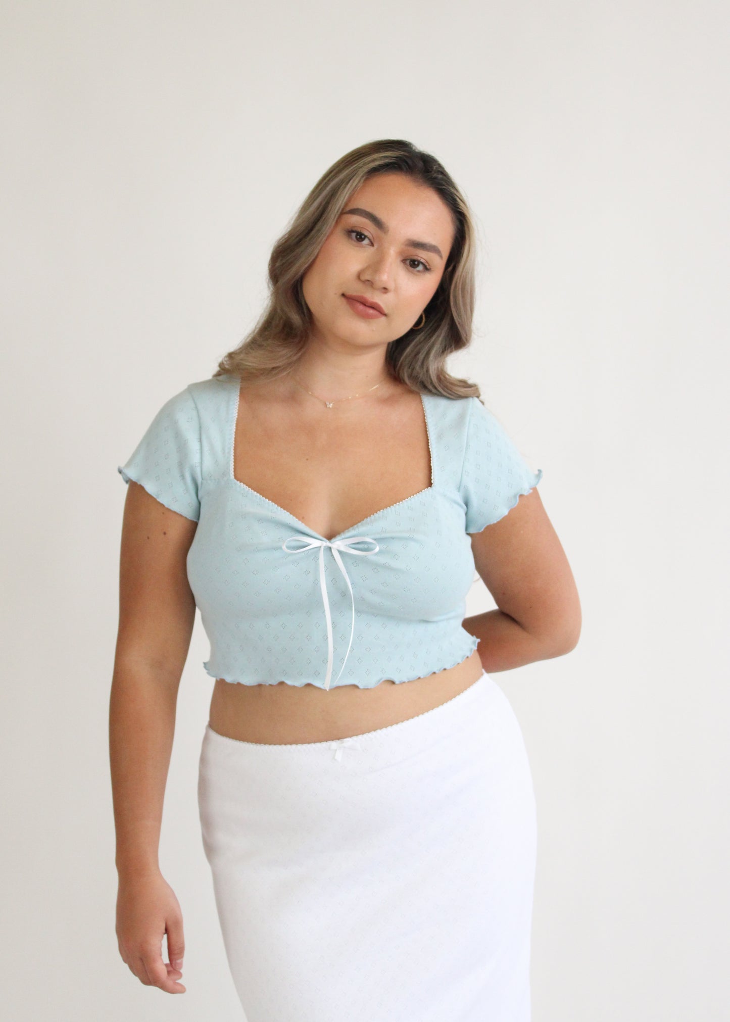 Mia Bow Crop Top - Blue Pointelle