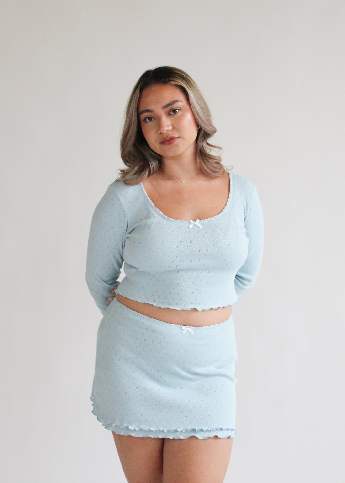 Alicia Long Sleeve Tee - Blue Pointelle