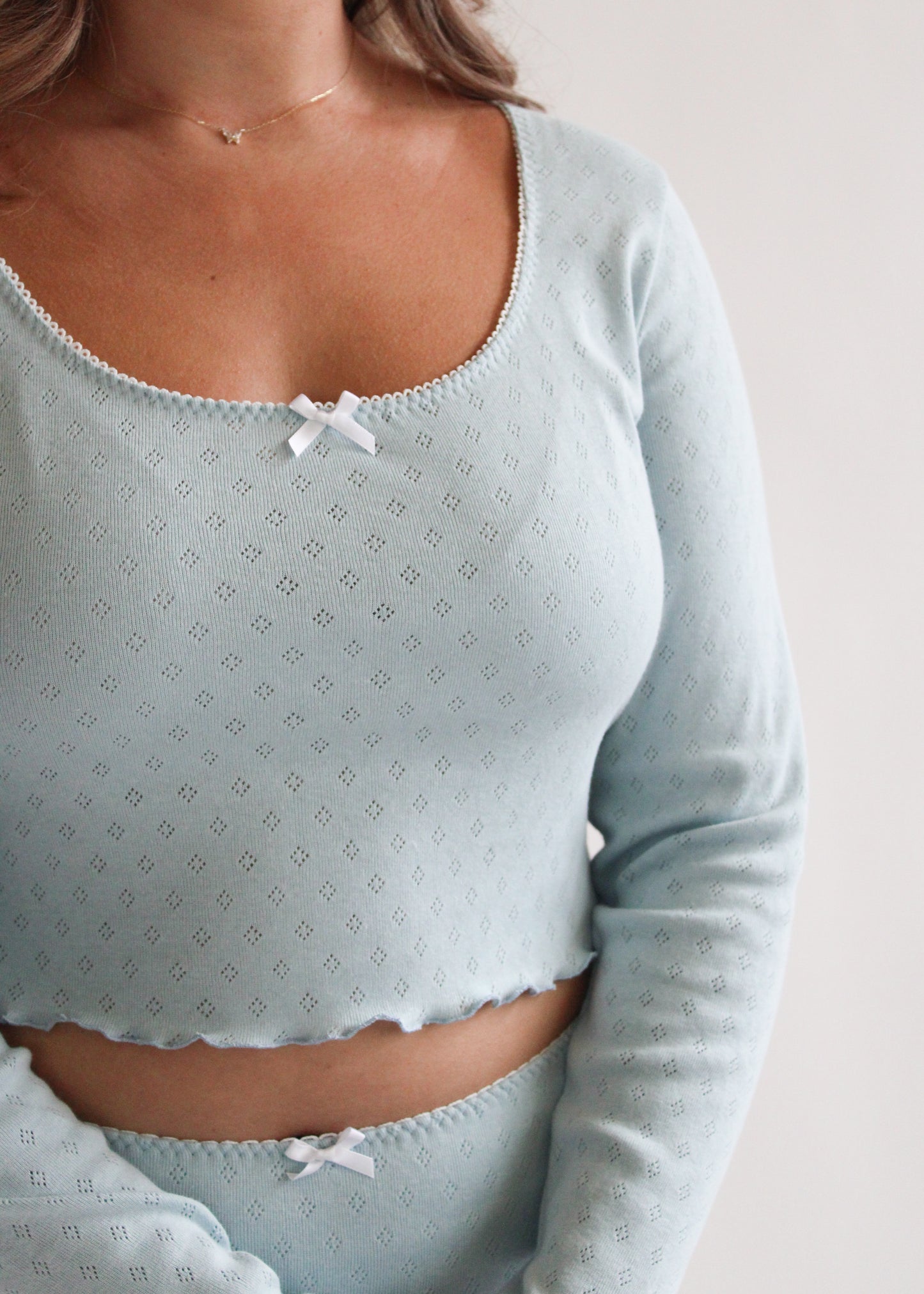 Alicia Long Sleeve Tee - Blue Pointelle