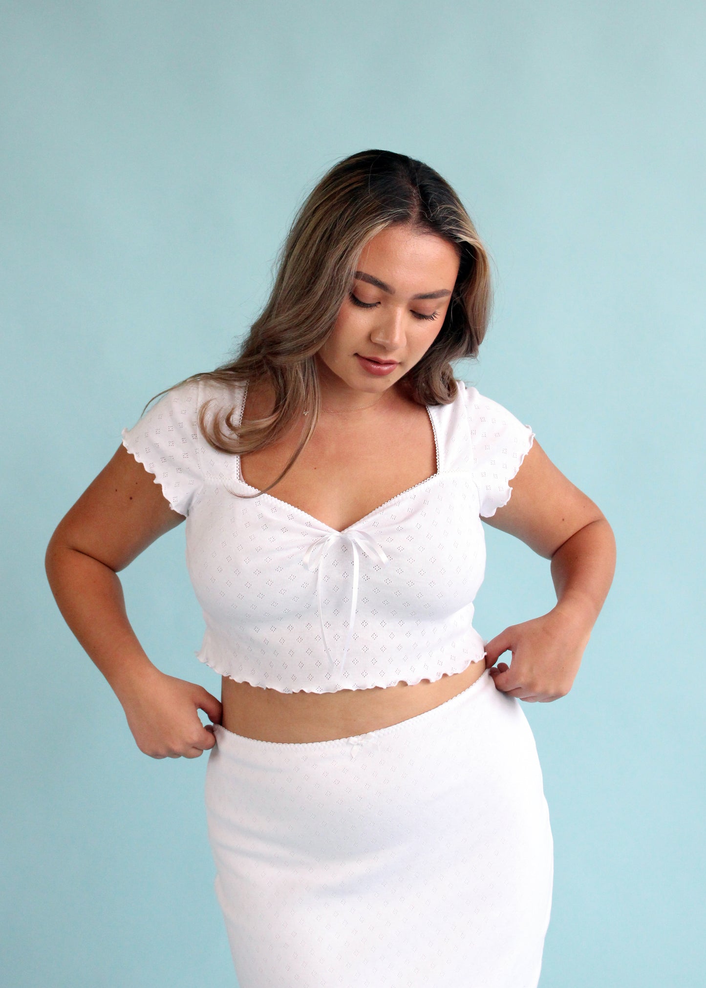 Mia Bow Crop Top - White Pointelle