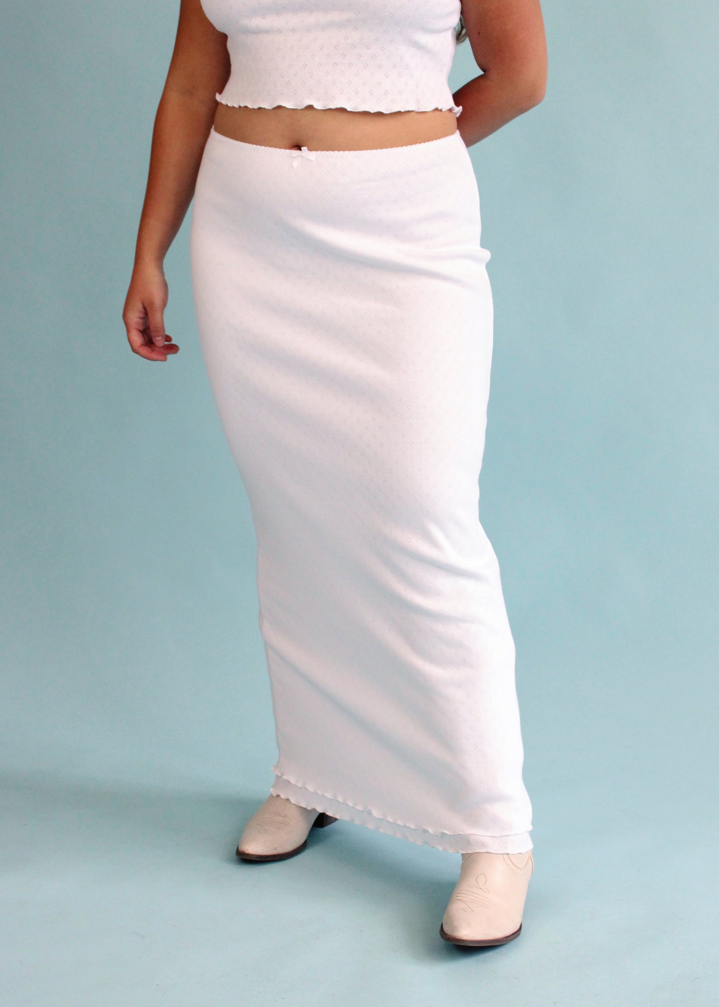 Greta Double Layer Maxi Skirt - White Pointelle