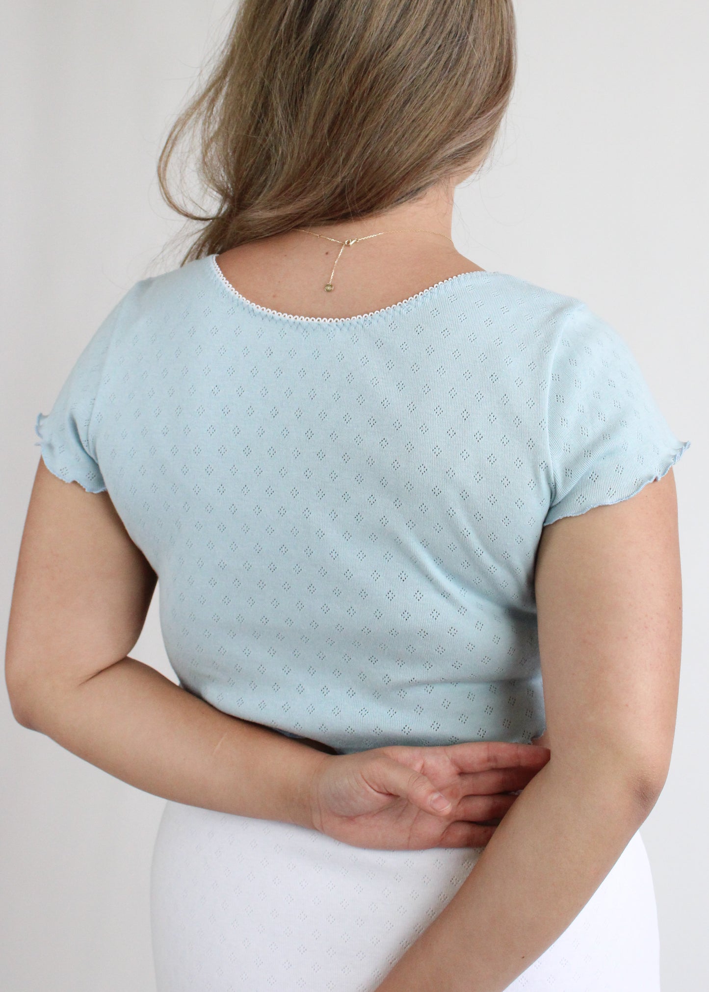 Mia Bow Crop Top - Blue Pointelle