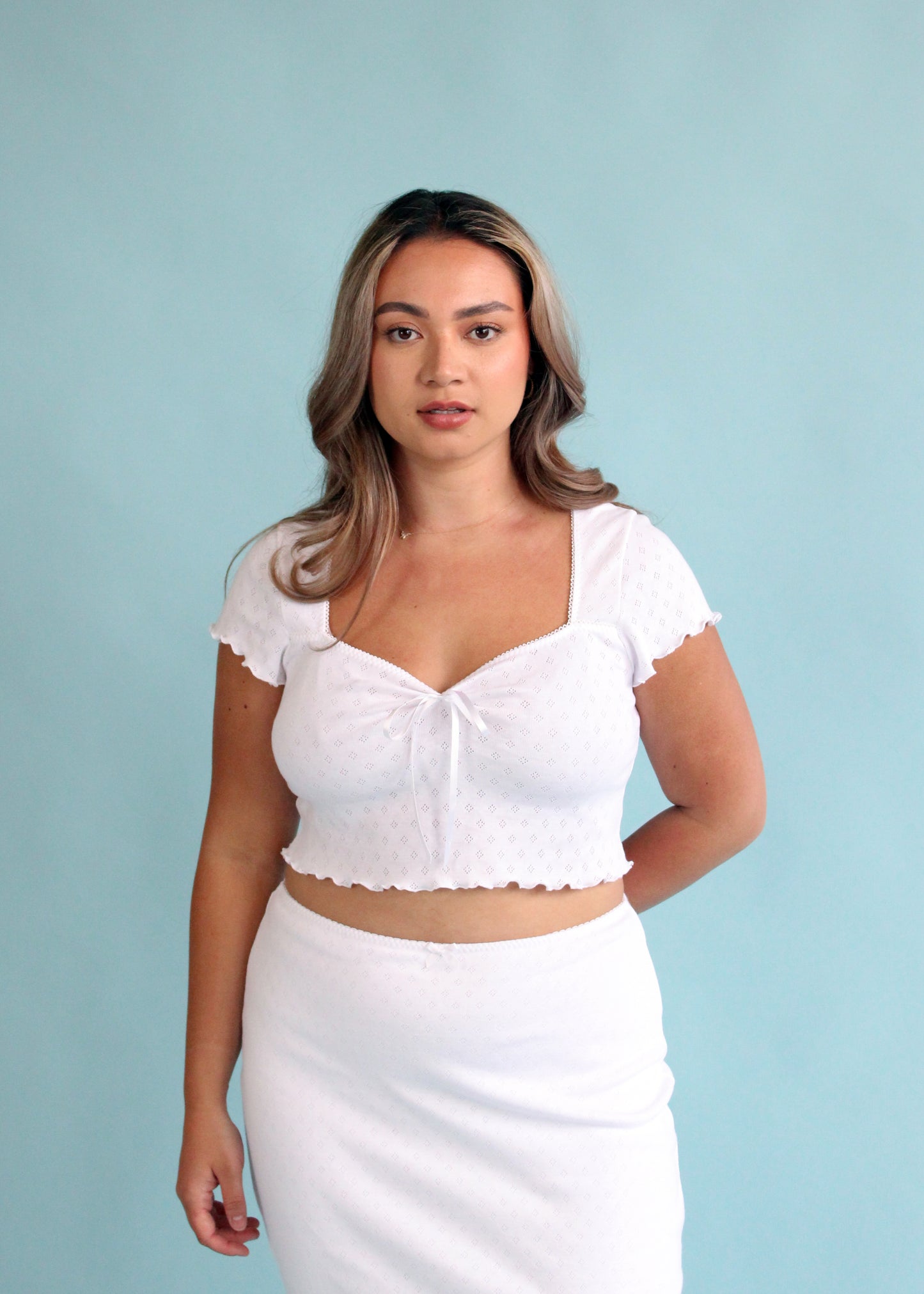 Mia Bow Crop Top - White Pointelle