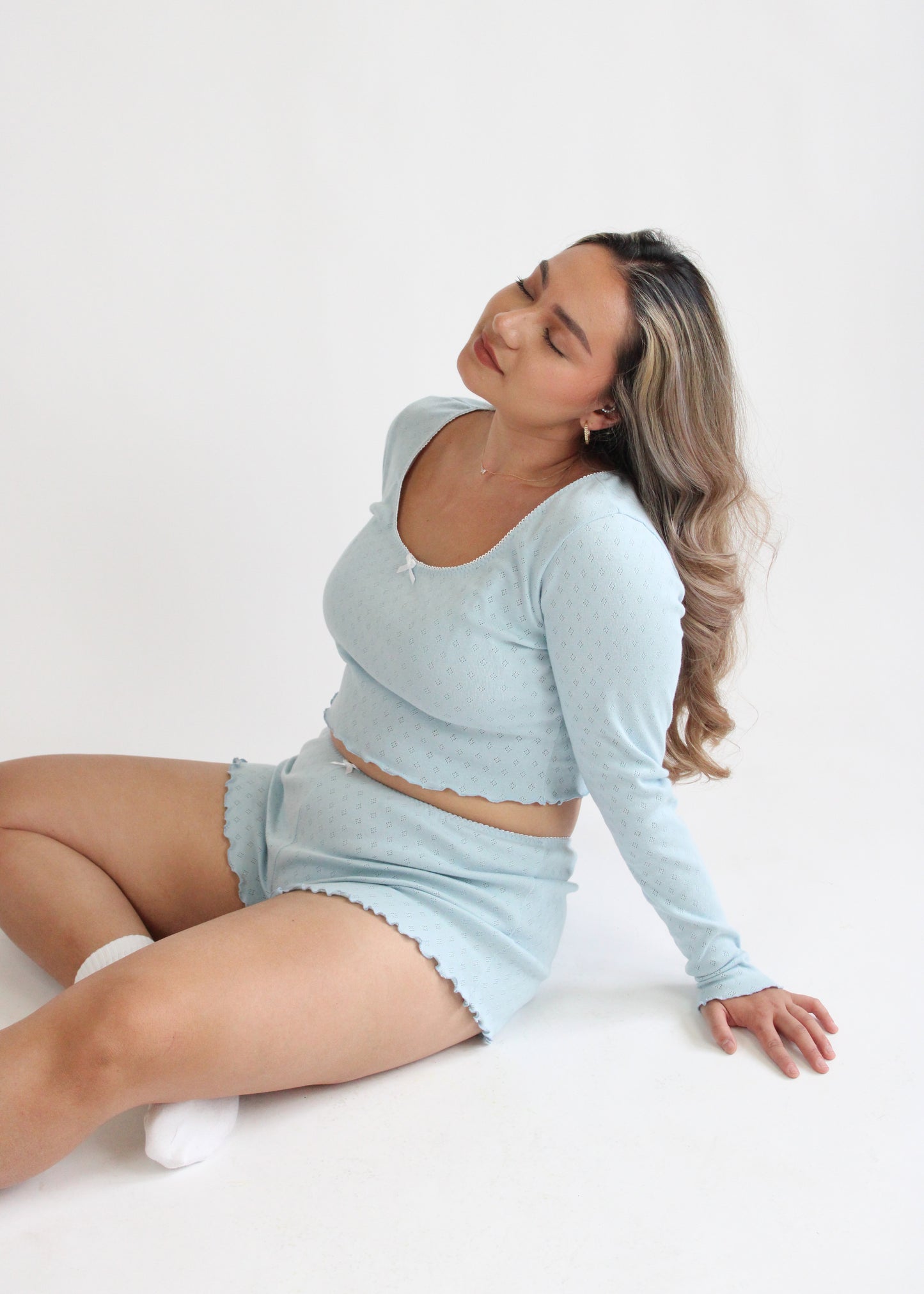 Alicia Long Sleeve Tee - Blue Pointelle