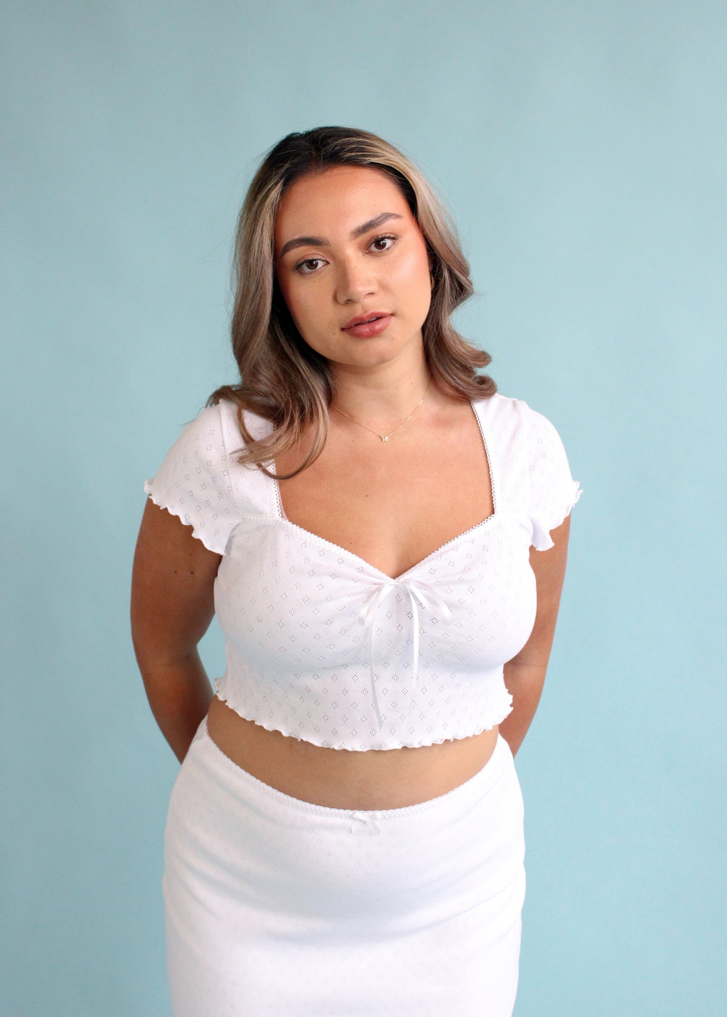 Mia Bow Crop Top - White Pointelle