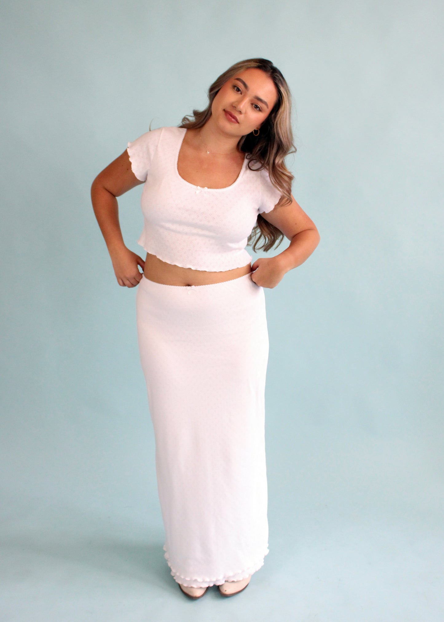 Greta Double Layer Maxi Skirt - White Pointelle