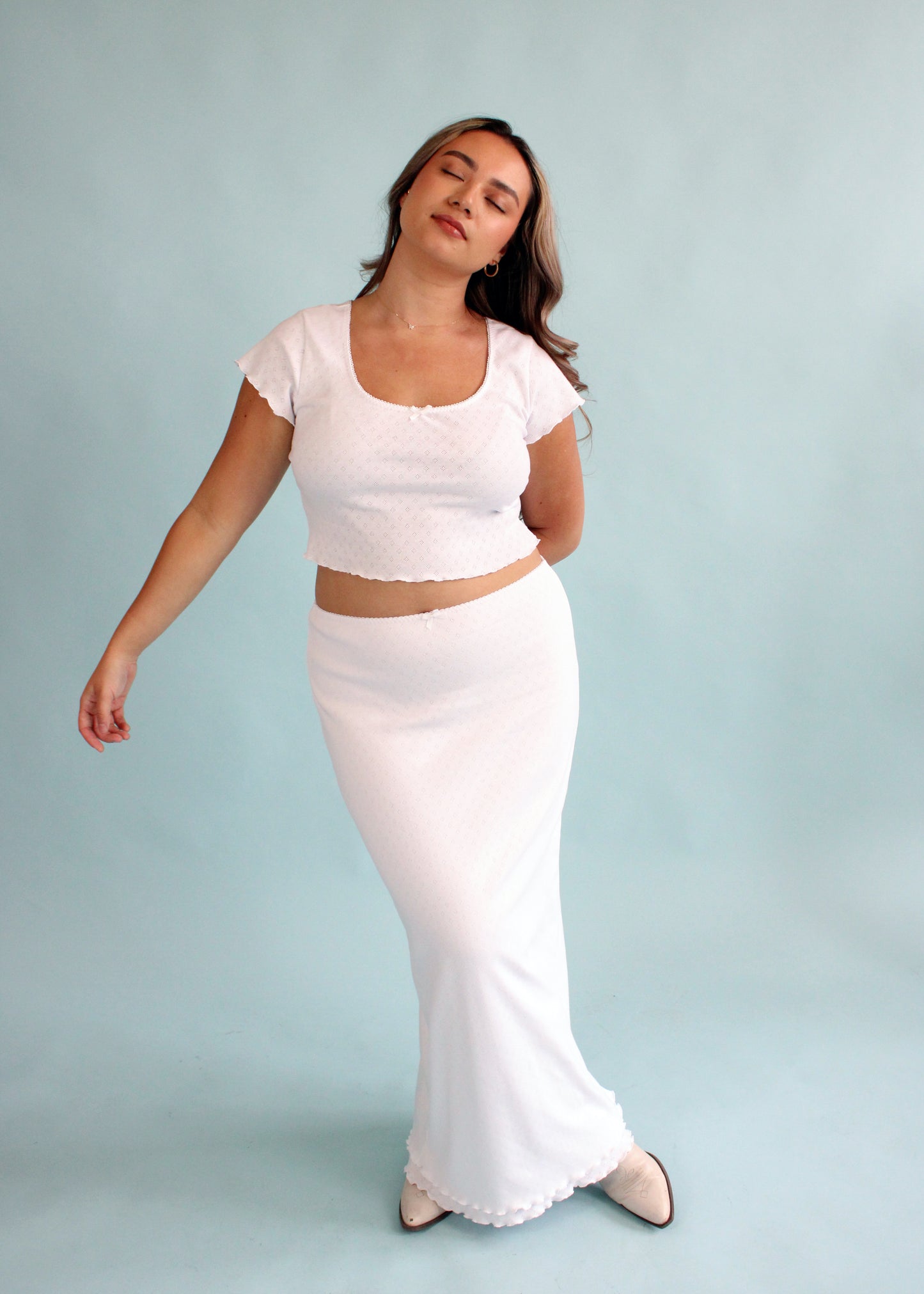 Greta Double Layer Maxi Skirt - White Pointelle