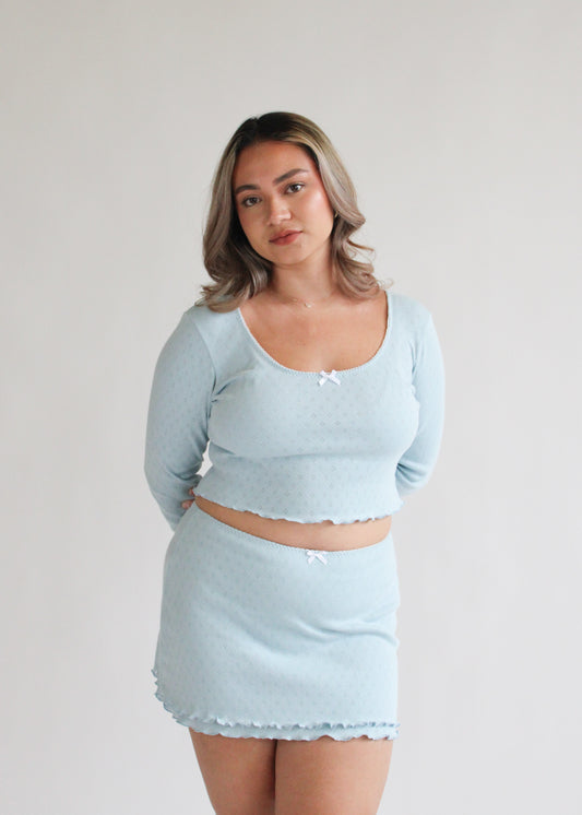 Alicia Long Sleeve Tee - Blue Pointelle